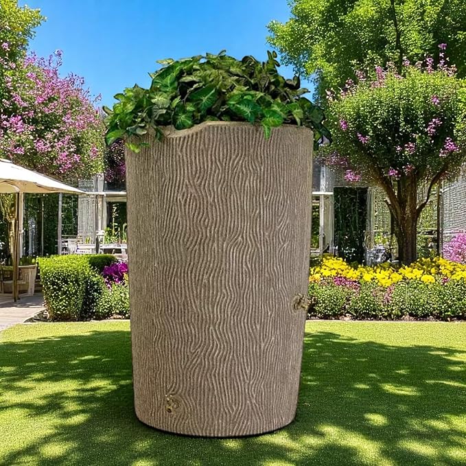 Decorative Rain Barrel with Wood Grain Texture, 90 Gallon Capacity,You can Plant an Array of Floral Arrangements, or Even a Small herb or Vegetable Garden. (Sandstone, 90 Gallon)