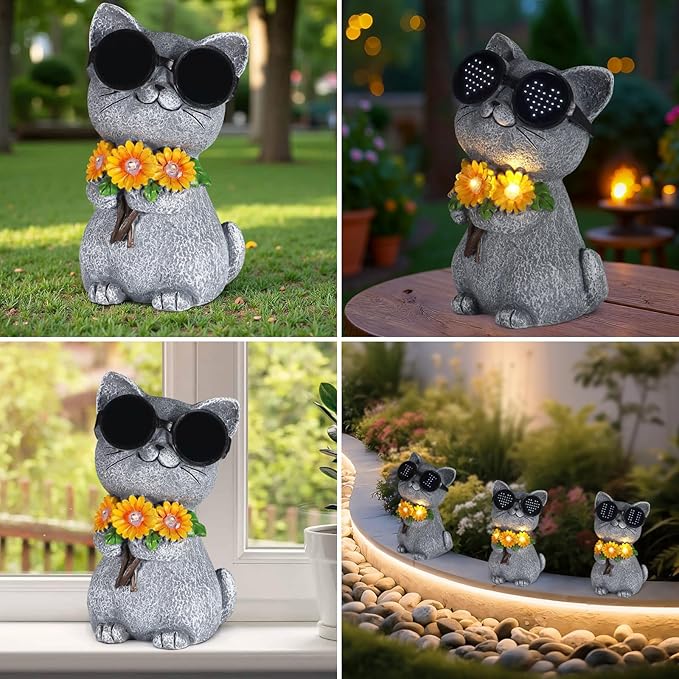 Solar Garden Statues Cat with Daisy and LED Lights Birthday Gifts for Women Mom Grandma Solar Outdoor Decor for Patio Backyard Yard Lawn Decoration-Unique Housewarming Gifts