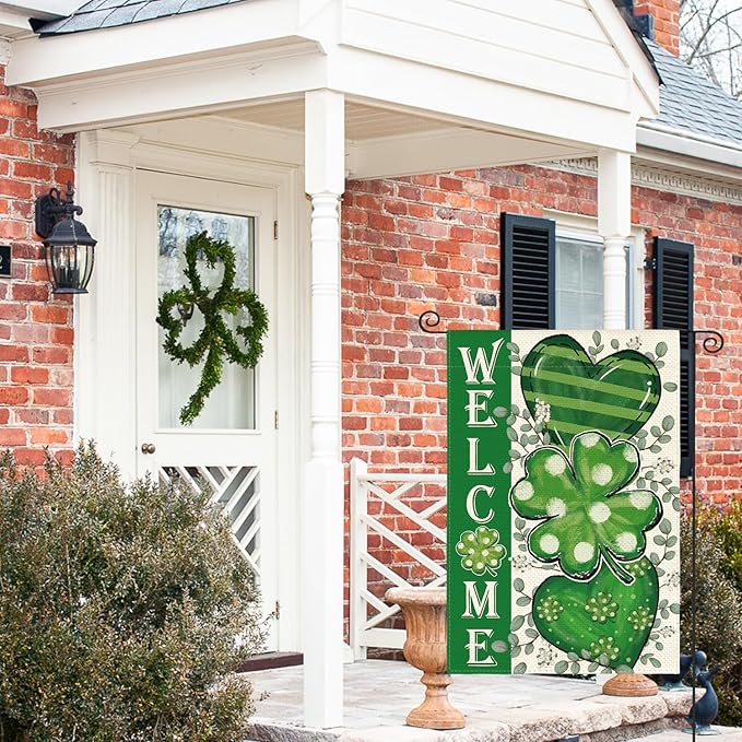 AVOIN colorlife St Patricks Day Garden Flag 12x18 Inch Double Sided Outside, Shamrocks Clovers Hearts Welcome Yard Outdoor Decoration