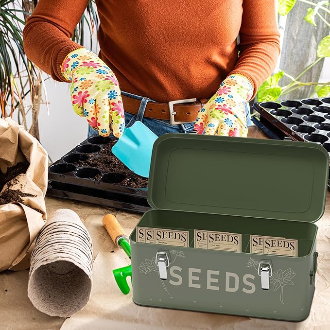 Orionstar Metal Seed Storage Organizer, 4 Compartments Saving box with 30 Envelopes & Labels, Garden Organization Bin for Heirloom Protection, Vintage Dark Green