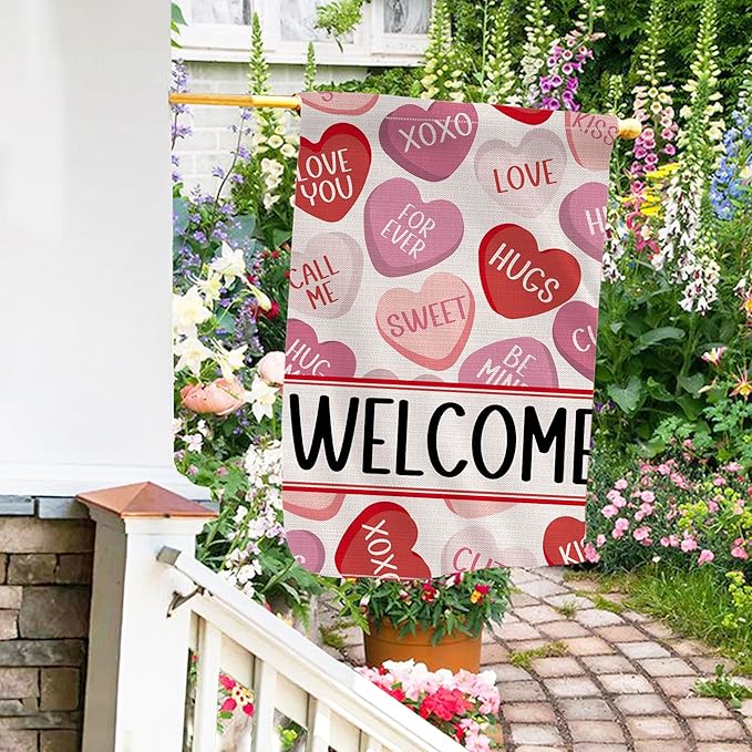 Valentines Day Garden Flag 28x40 Inch Double Sided, Love Hearts Welcome Valentine Decorations Burlap Garden Flags Rustic Anniversary Yard Outdoor Farmhouse Outside