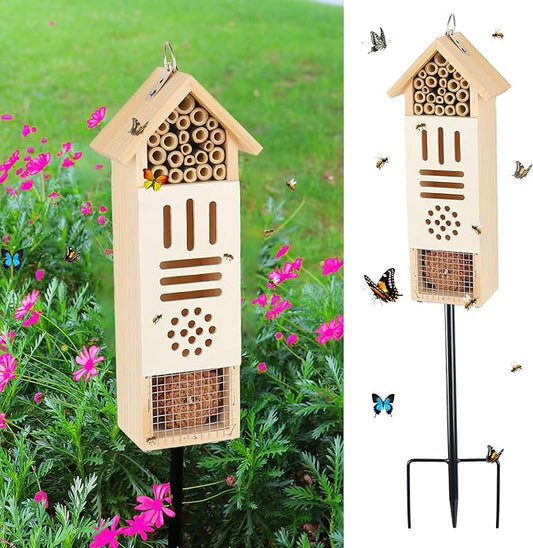 Wooden Insect House, Bee House with Metal Stake for Garden, Natural Ladbugs Habitat & Butterfly Hotel on The Ground or Hanging on Tree Wall (Pine, 3.34'' x 2.56'' x 11.8'', 11.8'' H Stake)