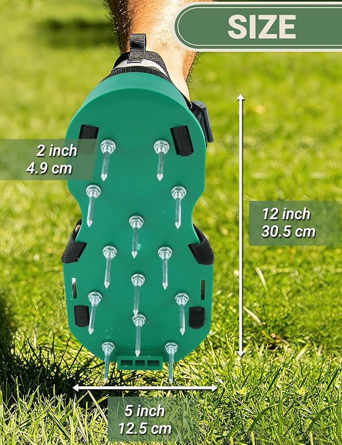 Lawn Aerator Shoes with Dual Straps on Instep for Effectively Aerating Lawn Soil, Aerator Lawn Tool One Size Fits All Pre-Assembled Heavy Duty Spiked Sandals for Patio Garden Grass Green