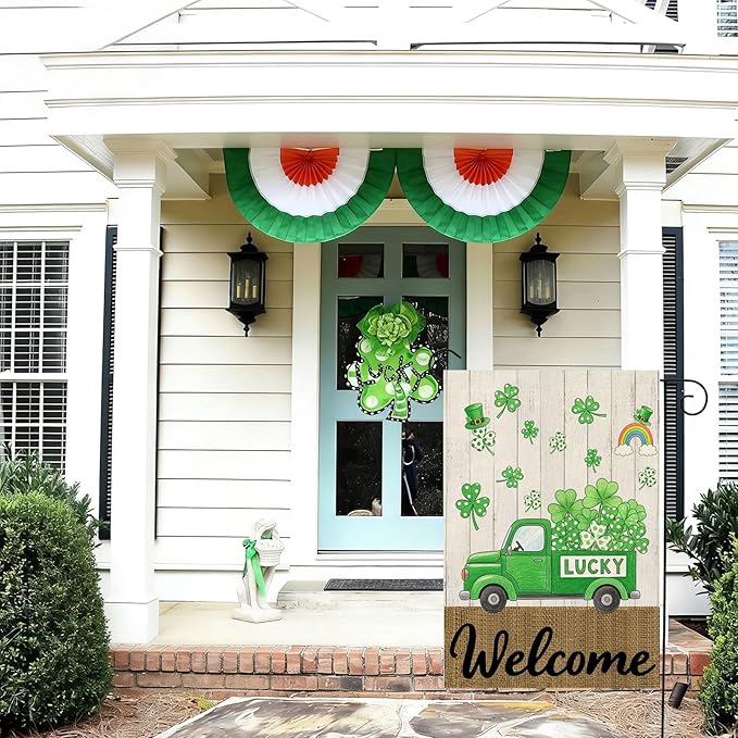 St Patricks Day Garden Flag 12x18 Inch Double Sided Outside Shamrocks Clovers Lucky Truck Welcome Yard Holiday Outdoor Decorations