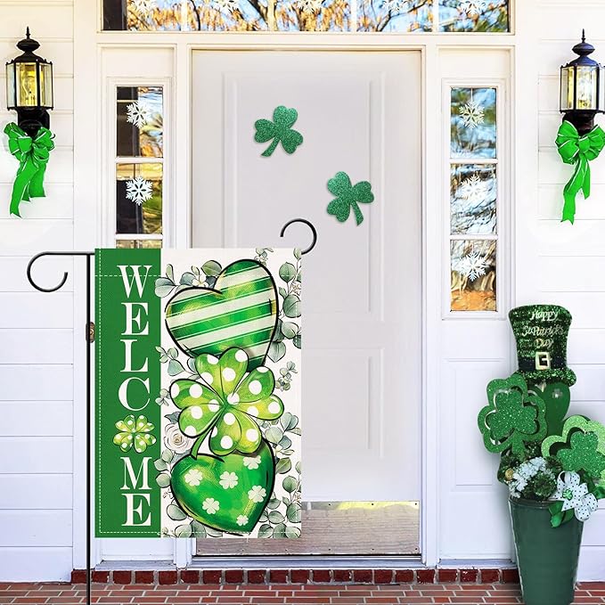 Artofy Welcome St Patricks Day Small Decorative Garden Flag, Lucky Shamrock Clover Love Heart Yard Outside Decor, Irish Spring Polka Dots Stripes Burlap Outdoor Home Decoration Double Sided 12 x 18