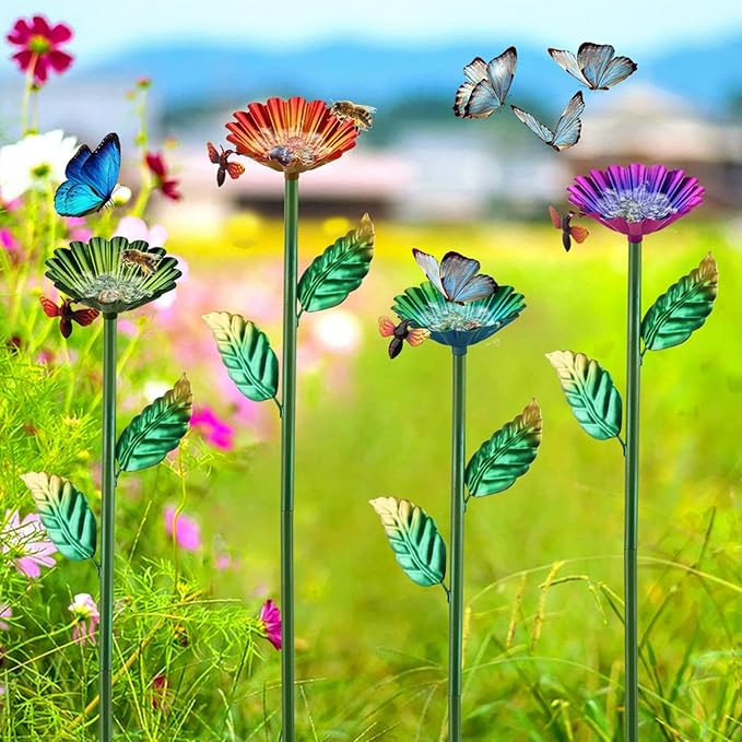 Bee Watering Station,4 Packs Metal Bee Water Feeder for Garden with 16 Glass Marbles, Butterfly Feeder Yard Decor, Outdoor Colorful Flower Design to Attract Pollinators