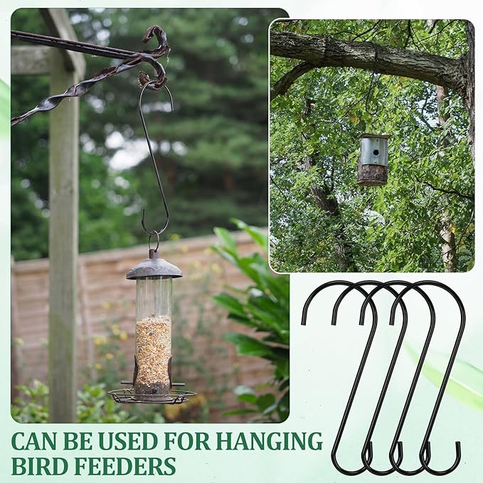 12 Pack 10 Inch Medium S Hooks for Hanging Plants & Closet Organization, Black Vinyl Coated Metal Hangers for Jeans Purses Towels Bird Feeders Heavy Duty Utility Metal Hooks