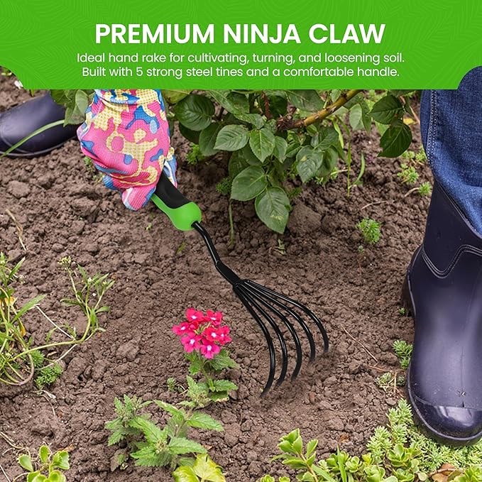 Garden Guru Hand Rake Cultivator Claw Soil Tiller with Ergonomic Handle - Military Grade Steel & Rust Resistant - 5 Tine Japanese Ninja Claw - Perfect Pulverized and Aerated Soil (2 Pack)