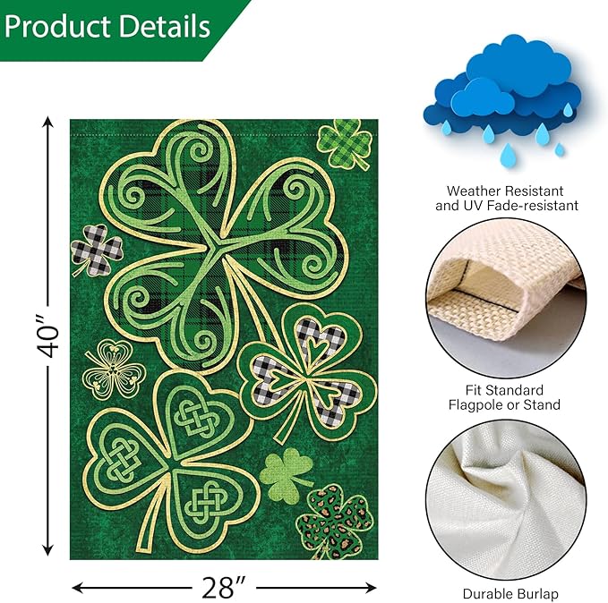 Louise Maelys Welcome St. Patrick's Day Garden Flag 28x40 Double Sided with Tag, Burlap Spring Large Lucky Shamrock Clover Yard Sign Buffalo Plaid Home Outside Outdoor Decor