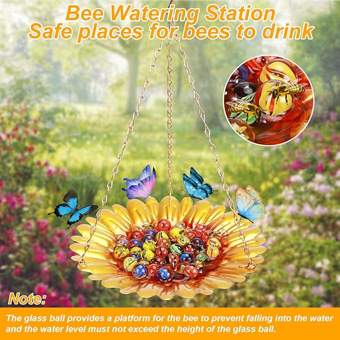 Bee Watering Station,Bee Cups for Garden with Vivid Sun-Flower Design,Multifunctional Hanging Bee Feeder with 40 Glass Beads,Butterfly Feeder,Bird Bath for Garden Yard Decor