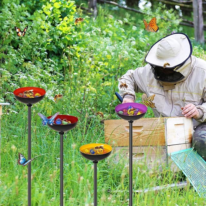 4 Pack Bee Watering Station for Garden, MeyRolizn Outdoors Metal Bee Butterfly Feeder with Glass Marbles, Butterfly Bath Insects Water Bowl for Yard Patio Decor Oval Style