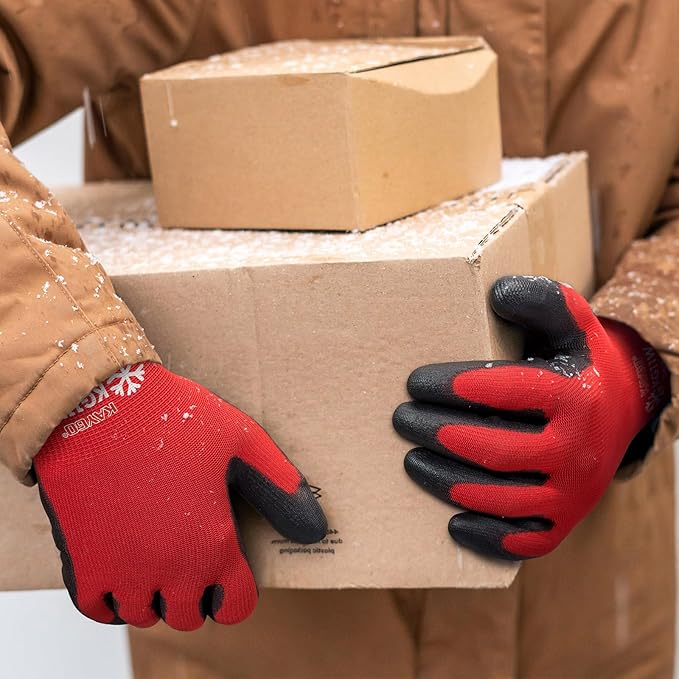 KAYGO 12 Pairs Winter Work Gloves for Men and Women, Thermal Insulated Safety Work Gloves PU Coated, Super Grip,Ideal for Freezer Work,Red,S