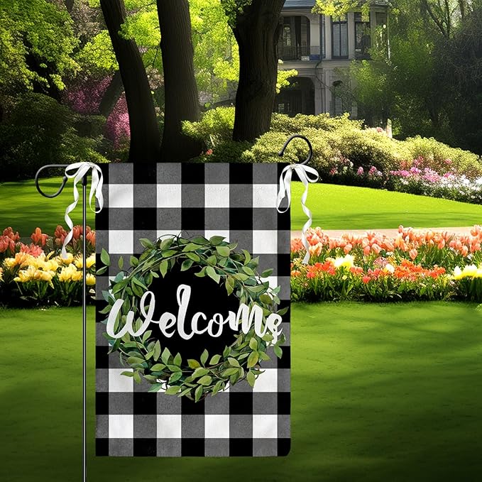 Welcome Leaves Wreath Garden Flags 12x18 Double Sided Summer Black White Buffalo Plaid Rustic Yard Flags Spring Seasonal Garden Flag Burlap Outdoor Lawn Decor