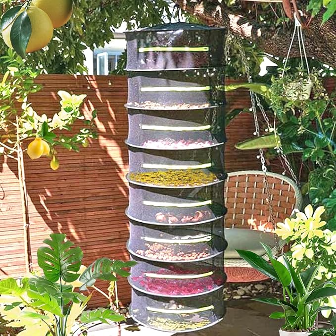 Herb Drying Rack, Breathable Mesh, 8 Layers, Black, Nylon, Polyester, Hanging, Foldable, 8x24x24 Inches, 17 lbs Capacity, For Herbs, Meat, Plants, Fish, Clothes, Nuts