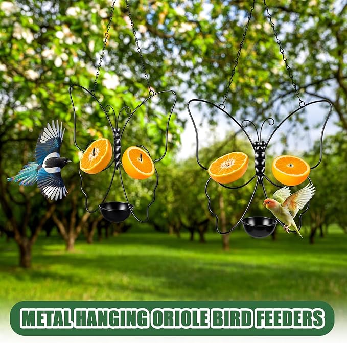 Hushee 2 Pack Oriole Feeder for Outdoors Jelly and Oranges Fruit Metal Bird Feeder Outdoor Garden Metal Hanging Drinking Container Hummingbird Jelly for Outdoor Hanging Garden Patio(Butterfly Shaped)