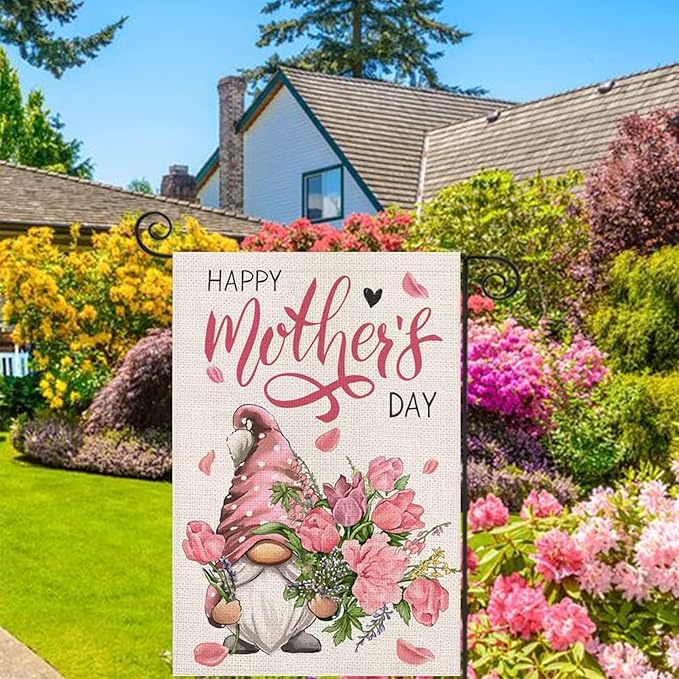 Mother's Day Garden Flag 12x18 Inch - Cute Gnome with Pink Flower Bouquet, Double-Sided "Happy Mother's Day" Outdoor Decor for Patio Yard Mom Gifts