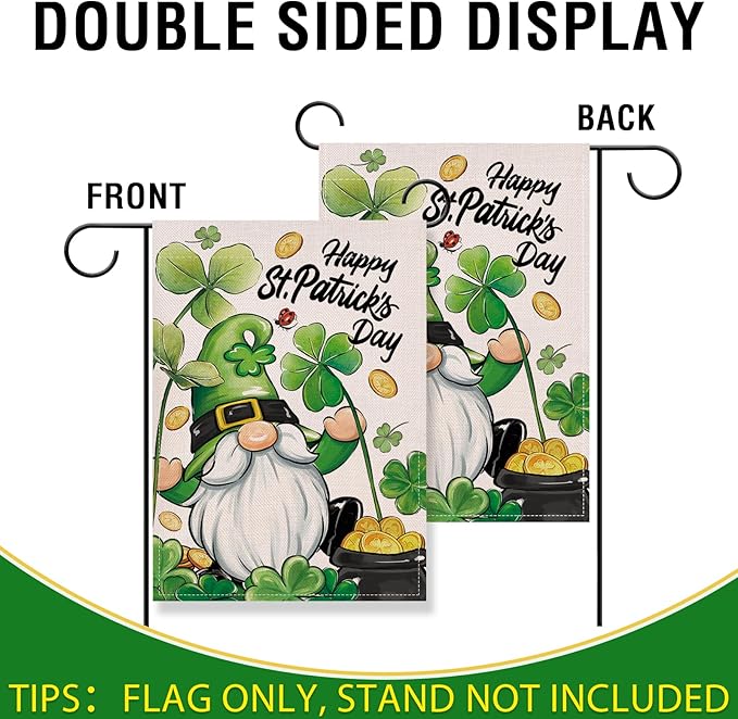 Artofy Happy St Patricks Day Gnome Small Decorative Garden Flag, Pot of Gold Lucky Shamrock Clover Yard Lawn Outside Decor, Irish Spring Burlap Outdoor Home Decoration Double Sided 12 x 18