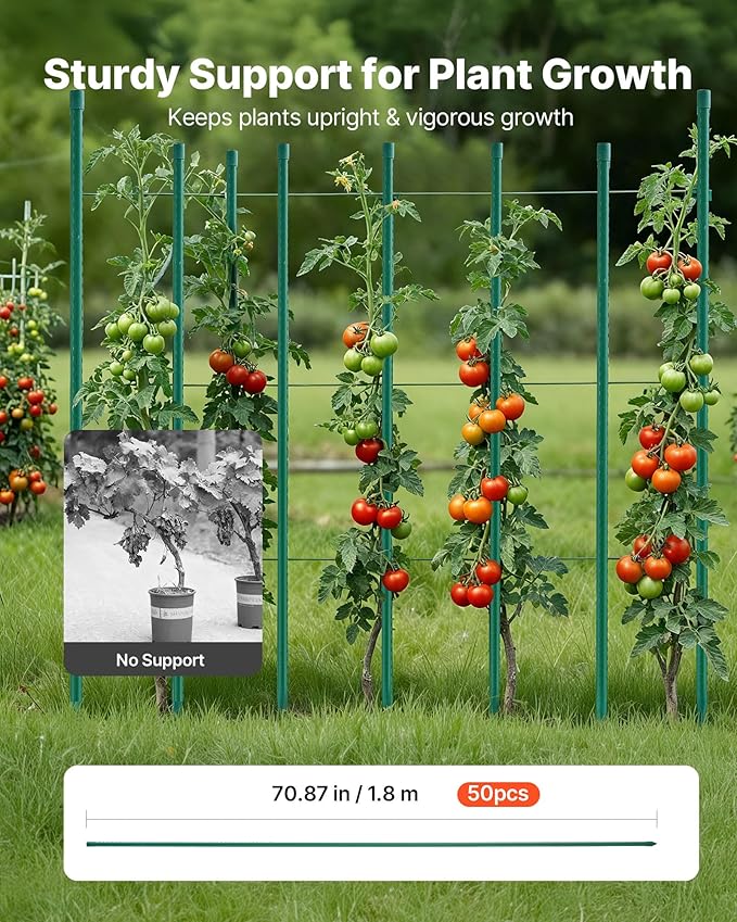 VEVOR Garden Stakes, 25 Pack, 70.87 inch, Plastic Coated Metal Tomato Stakes, Garden Sticks for Plants Support, with Pointed End and Non-Slip Bumps for Growing Climbing Plants, Outdoor Vegetables