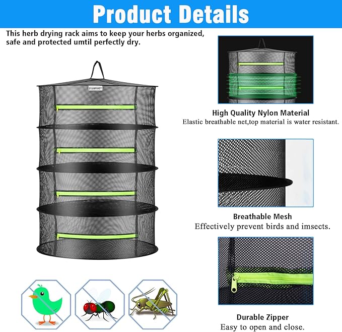 Herb Drying Rack - Breathable Mesh, Hanging with Zipper for Plants, Seeds, and Buds