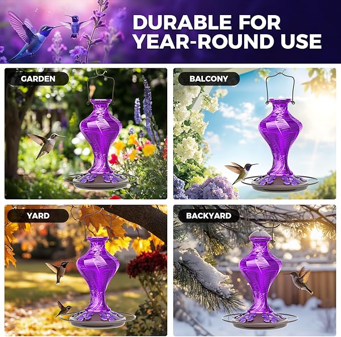 Glass Hummingbird Feeder for Outdoors Hanging, Bird Nectar Feeder with Perch & 5 Flower Feeding Ports, 20 Oz Leak Proof for Outside Garden Decor Backyard, Gifts for Women Mom, Purple