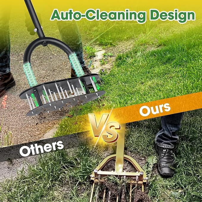 Lawn Aerator Automatic Dirt and Leaf Clean Design,Pre-Assembled 15 Iron Spikes Metal,Soil Lawn Aerating Tools for Yard Lawn and Garden, Lawn Aerator Spikes aerating Tool