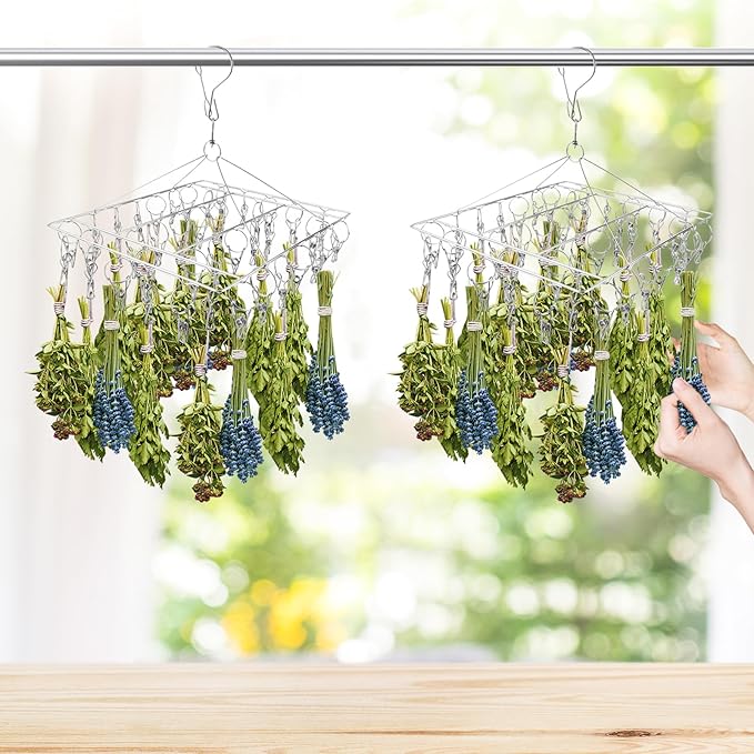4-Pack Stainless Steel Hanging Herb Drying Rack - Space Saving Herb Dryer for Fresh Herbs, Flowers, Tea & Aromatic Herbs - Rustproof Kitchen & Garden Drying Rack with 40 Hooks