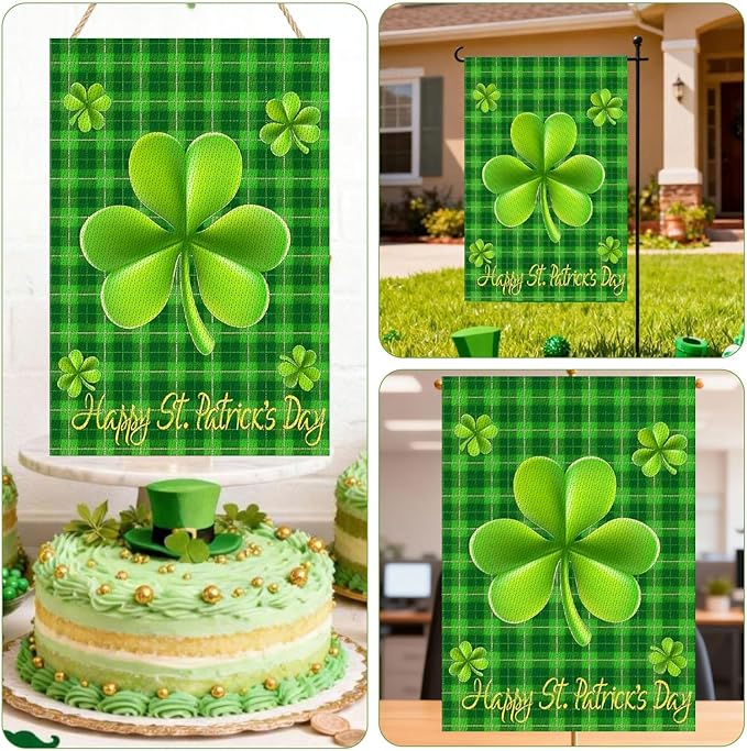 Happy St Patricks Day Flag Double Sided Garden Flag 18 X 12 Inch With Shamrock Buffalo Check Plaid Rustic Burlap Yard Sign Green Banners For Irish Holiday Outside Lawn Decoration Decorations