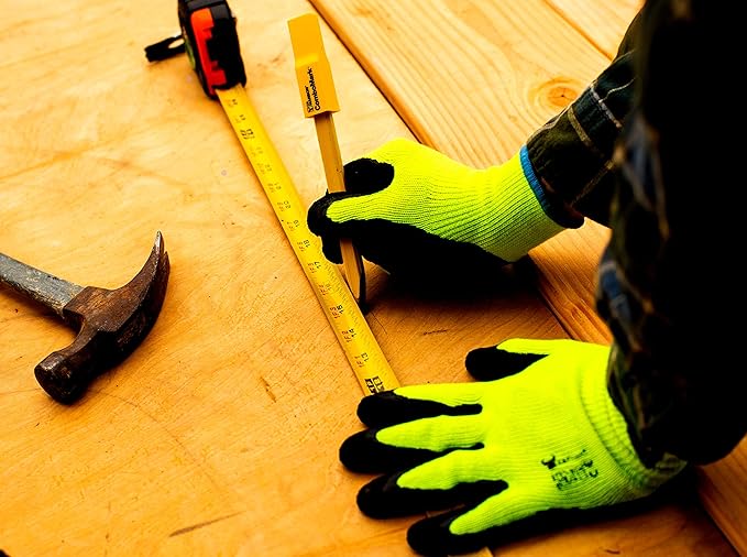 G & F 1516 12 Pairs Pack Premium High Visibility Work and gardening Gloves for Men and Women. MicroFoam Textured Coated Palm and Fingers Gloves for Gardening Work, Size Small, Green
