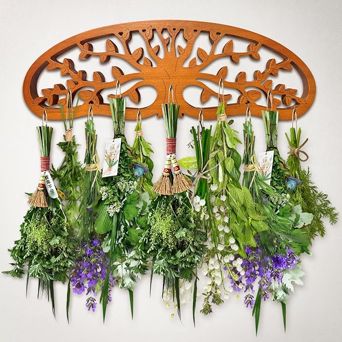 Rustic Flower Drying Rack Hanging – Artistic Tree of Life Design for Kitchen & Garden – Holds 11 Herb or Flower Bouquets – Space-Saving Decorative Dryer – Gift for Gardeners & Home Crafters
