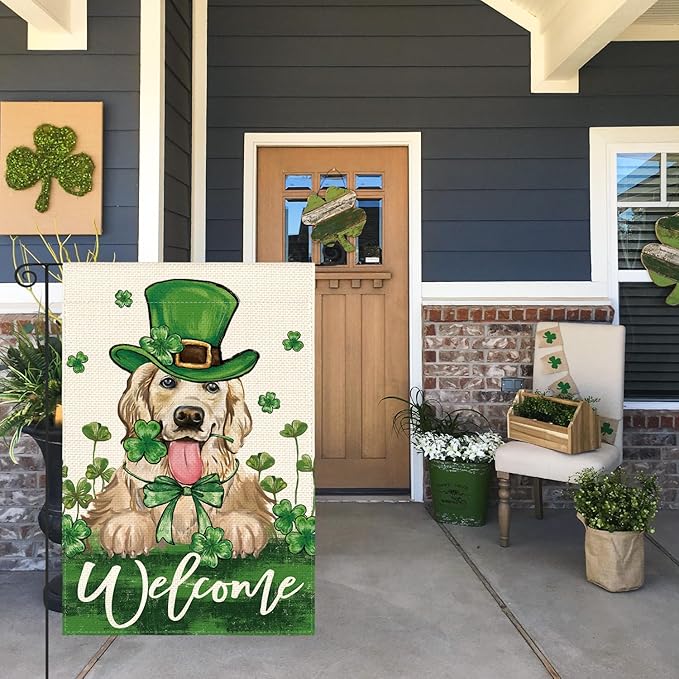 AVOIN colorlife St Patricks Day Green Hat Dog Garden Flag 12x18 Inch Double Sided, Lucky Shamrock 17 March Welcome Yard Outdoor Flag