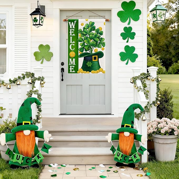 Welcome St Patricks Day House Flags Burlap 28x48 Double Sided, Green Hat Lucky Shamrocks Gold Coin Holiday Party Sign Large Flag Yard Outdoor Decor DF658-28