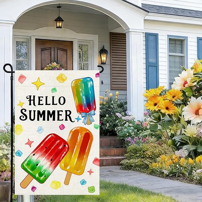 Summer Garden Flag 12x18 Inch, Popsicles Double Sided Small Burlap Flag for Yard Outdoor Decoration