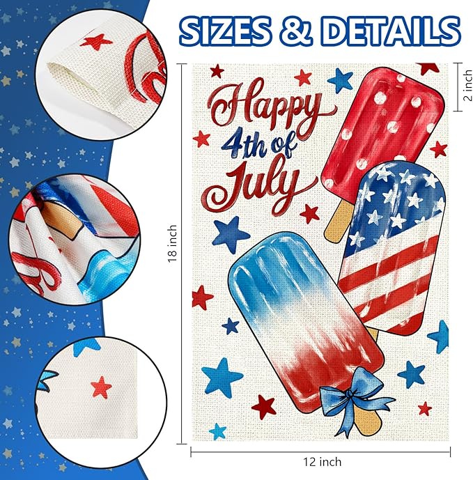 4th of July Garden Flag 12x18 Inch, Popsicles Double Sided Flag for Yard Outdoor Decoration