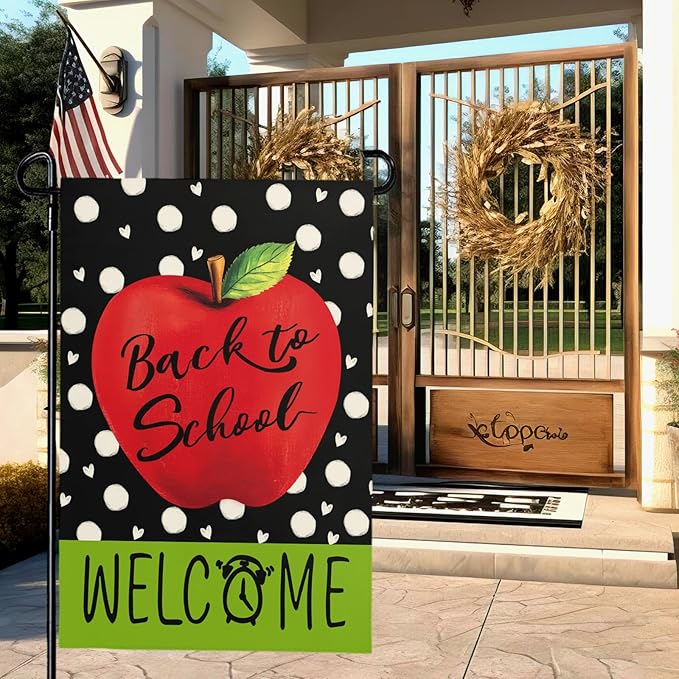 Welcome Back to School Garden Flags Apple Alarm Clock Yard Flags First Day of School Supplies Garden Flag Double Sided 12x18 Inch for Outdoor Yard Decoration