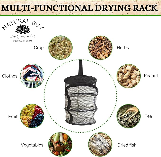 9 Inch 3 Level Micro Hanging Dry Net Indoor/Closet Drying Rack for Herbs, Organizer, Freshner - Black Mash Screen with Top-to-Bottom Zipper - Apartment Size with Zipped Storage Pouch