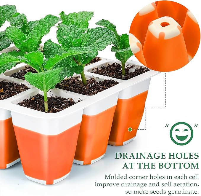 Seed Starter Tray, Reusable Seed Starter Kit, Silicone Seedling Starter Trays for Starting Plant Seeds, Seed Starting Trays with Flexible pop-Out Cells, Indoor Plant Germination Trays (Orange 10PCS)