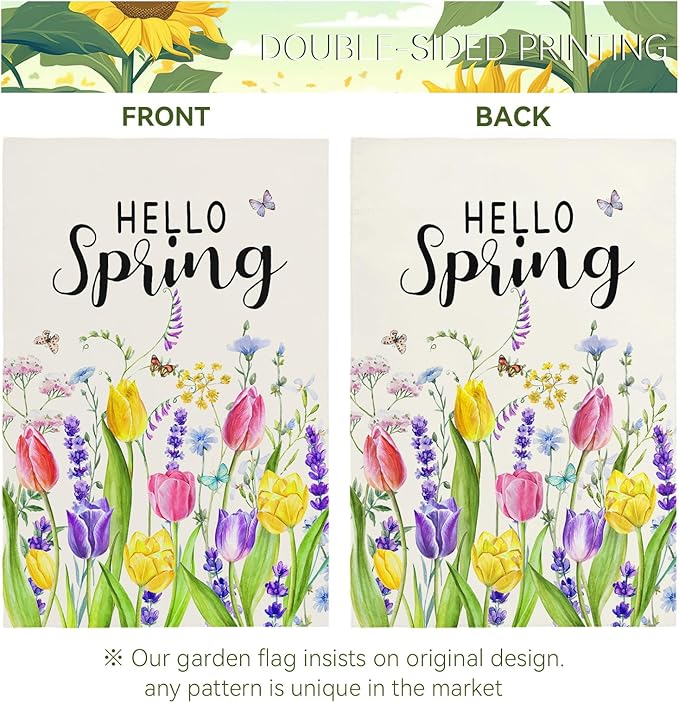 Hello Spring Tulip Garden Flag 12x18 Inch Double Sided Flowers Garden Flags Seasonal Summer Floral Yard Flags for Outside Farmhouse Outdoor Decorations