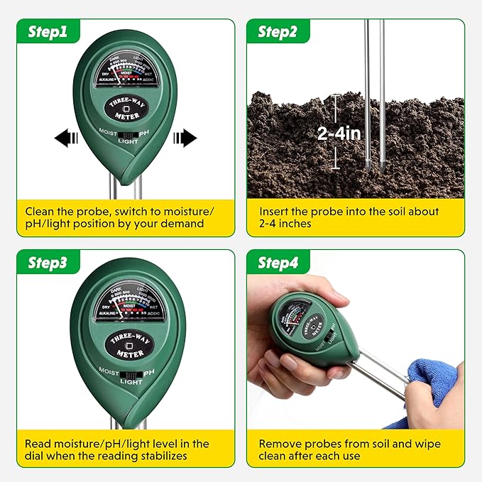 iPower Soil Meter, 3-in-1 Plant Moisture Light PH Tester for Gardening, Farming, Indoor & Outdoor Use, 4 Pack