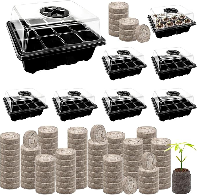 Halatool Seedling Trays Seed Starter Kit- Plant Germination Tray with Dome and Tray Base for Growing and Cloning (8 Set-Black)