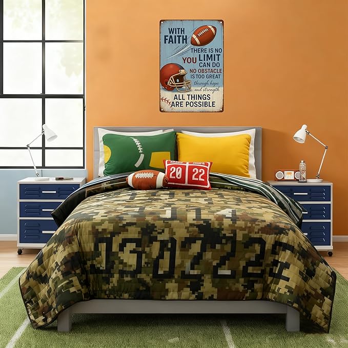 Funny Football Faith Metal Sign – Vintage Christian Sports Wall Art for Locker Room, Bedroom, or Gym – Motivational Football Gift for Athletes, Coaches, and Football Fans (FOOTBALL)