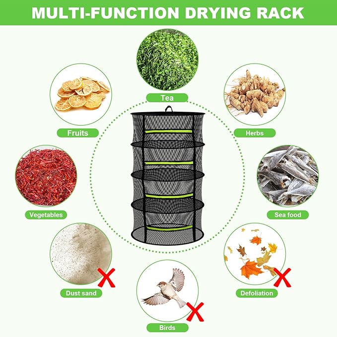 Herb Drying Rack Hanging-8 Layer, Collapsible Large Capacity Mesh Net with Green Zipper, Hooks & Bonus Garden Scissors, for Fresh Herbs/Flowers/Plants, Indoor Outdoor Use (23.62")