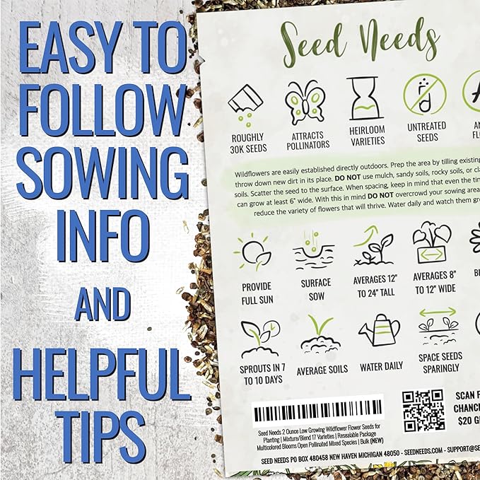 Seed Needs 2 Ounce Low Growing Wildflower Flower Seeds for Planting | Mixture/Blend 17 Varieties | Resealable Package Multicolored Blooms Open Pollinated Mixed Species | Bulk