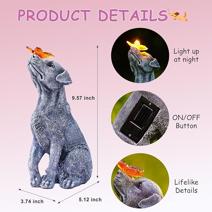 Goodeco Dog Statue with Solar Butterfly - Ideal Gifts for Mom, Dad or Birthdays, Beautifully Crafted Outdoor Decorations to Wow Your Guests