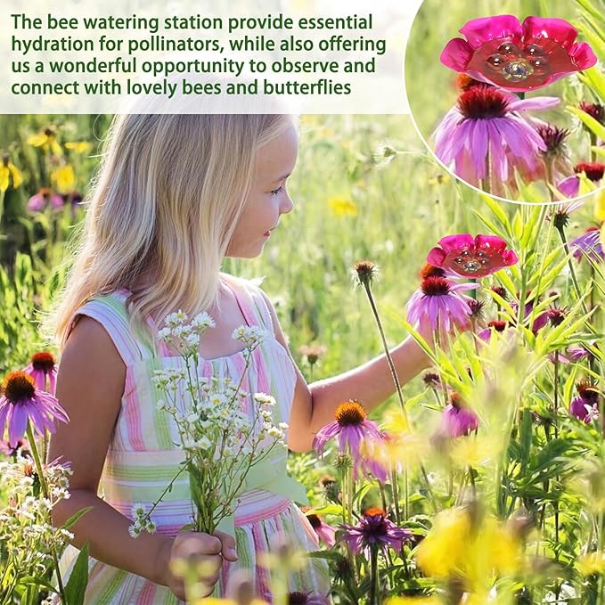 Bee Watering Station for Garden – 4 Pack Metal Flower Bee Bath with Decorative Bee, Butterfly Watering Station Cups with Glass Marbles – Butterfly Feeder for Outdoor Yard, Pollinator Water Feeder
