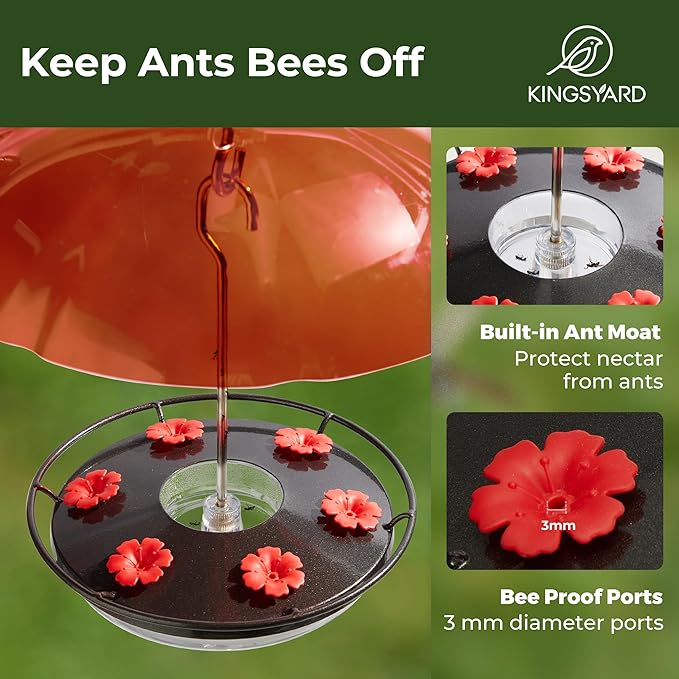 Kingsyard 12 oz Hummingbird Feeder with Rain Guard Dome, Leak-Proof Saucer Nectar Feeder for Outdoors Hanging, Built-in Ant Moat & 6 Bee-Proof Ports, Easy to Refill & Clean, Black