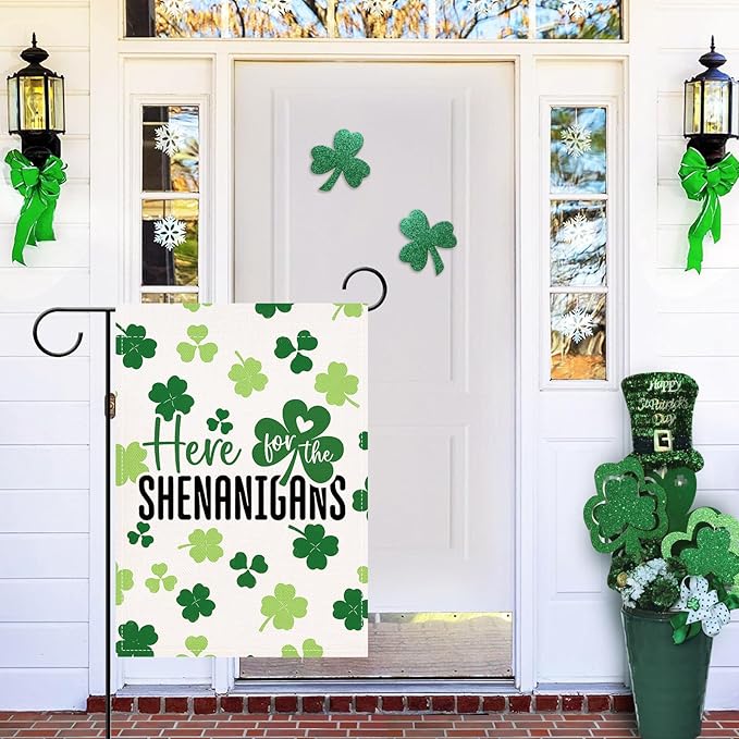 Artofy St Patricks Day Small Decorative Garden Flag, Lucky Shamrock Clover Here for The Shenanigans Yard Lawn Outside Decor, Irish Spring Burlap Outdoor Home Decoration Double Sided 12 x 18