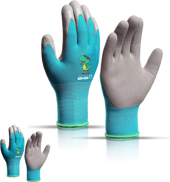 Ages 8-10 Kids Gardening Gloves,Yard Work Gloves for Toddlers, Youth, Girls, Boys, Childrens, Soft Safety Rubber Gloves (XS Age 8-10, 2 Pairs Blue Dinosaur)