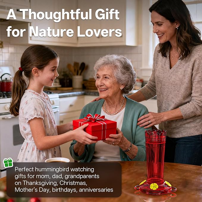 Plastic Hummingbird Feeder, 14 oz Hummingbird Feeders for Outdoors Hanging, Leak-Proof Nectar Feeders with 4 Feeding Ports and Perches, Gifts for Mom, Dad, Grandparents-Red