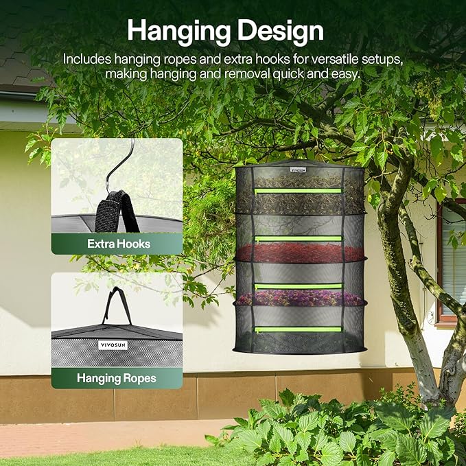 VIVOSUN 4-Pack 4-Layer Mesh Drying Rack Hanging Design with Green Zippers for Dehydrating, Indoor and Outdoor (Pruning Shears Included)