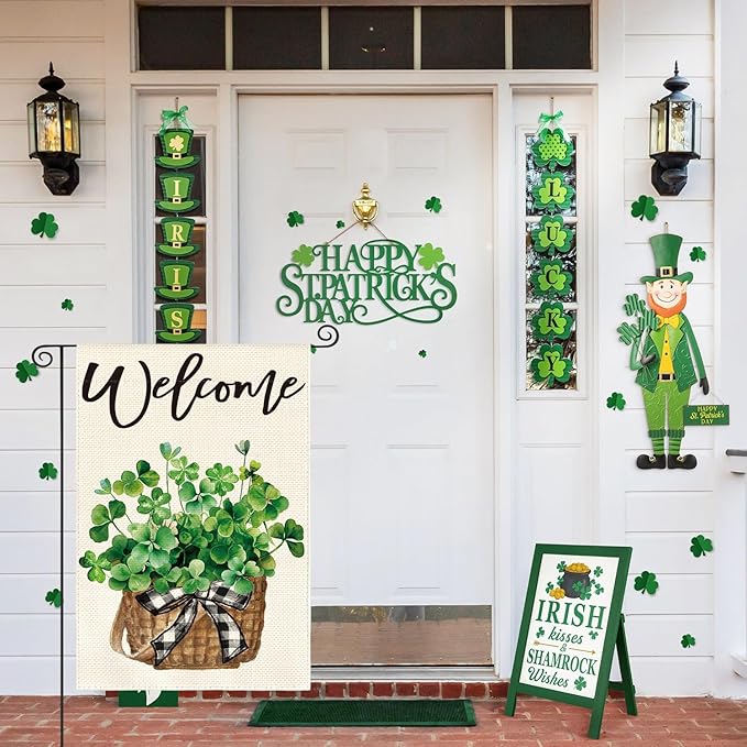 AVOIN colorlife St Patricks Day Garden Flag 12x18 Inch Double Sided Outside, Lucky Shamrocks Clovers Welcome Yard Outdoor Decoration
